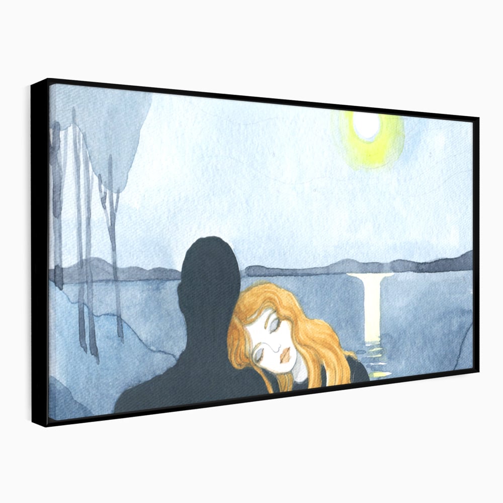 Tablou canvas cu pictura cu un cuplu langa lac, in rama de aluminiu negru